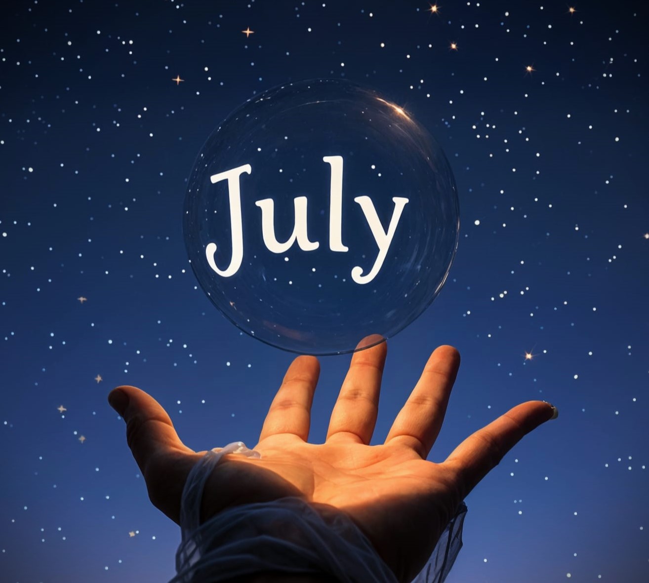 July's horoscope, July, stars, hand, whimsical